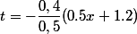 t=-\dfrac{0,4}{0,5}(0.5x +1.2)